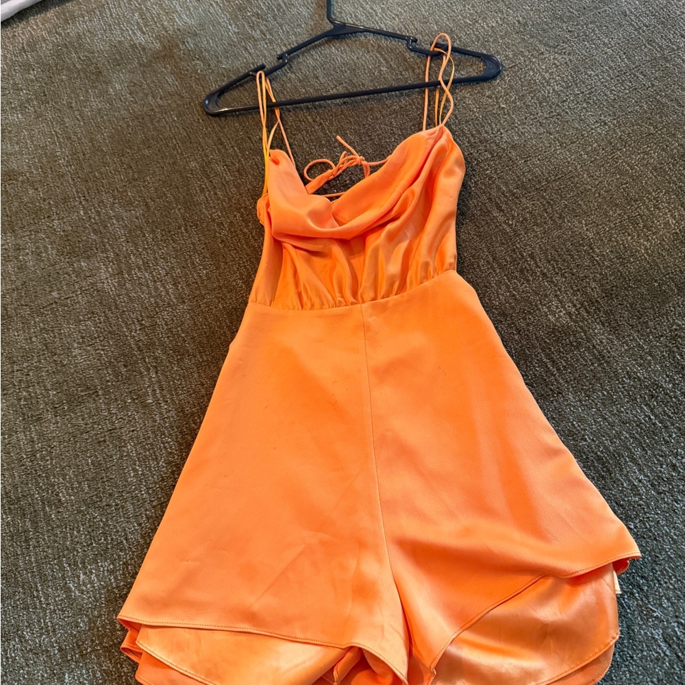 Meshki Orange Satin Romper with Cowl Neckline